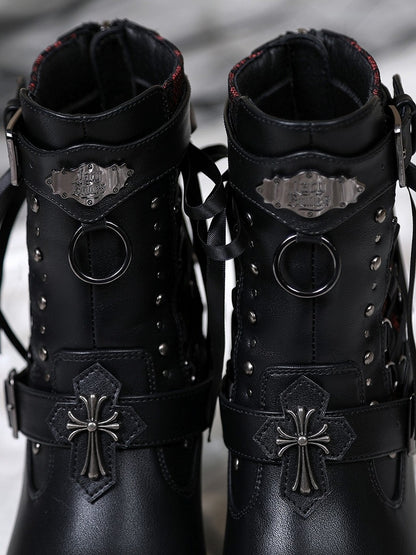 Gothic Lacing Crisscross Studded System PU Dual Black Fastening Boots Details - with High-heel Ankle