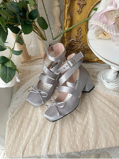 Ballet Square for Crisscross Gray Design Foot Lengh Heels - at 36 23cm Size Clearance Middle Elegant Toe Knotted Bow Top Satin