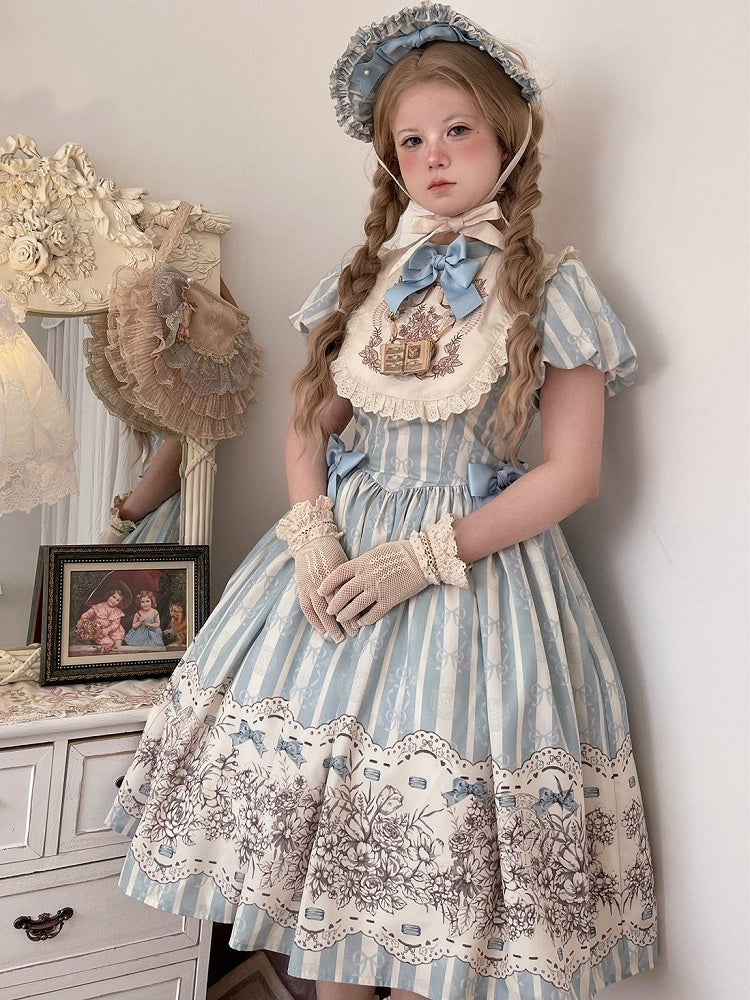 and Floral Blue Embroidery Classic One Bowknot Piece Striped Bodice Version Lolita Short Pattern
