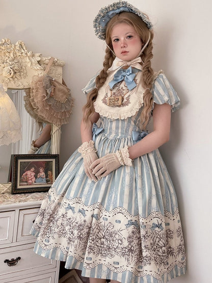 and Floral Blue Embroidery Classic One Bowknot Piece Striped Bodice Version Lolita Short Pattern