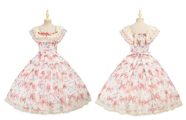 Pink Bows and Butterfly Print Lolita Dress Two Ways Wear Neckline