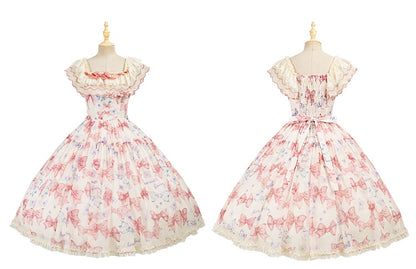 Pink Bows and Butterfly Print Lolita Dress Two Ways Wear Neckline