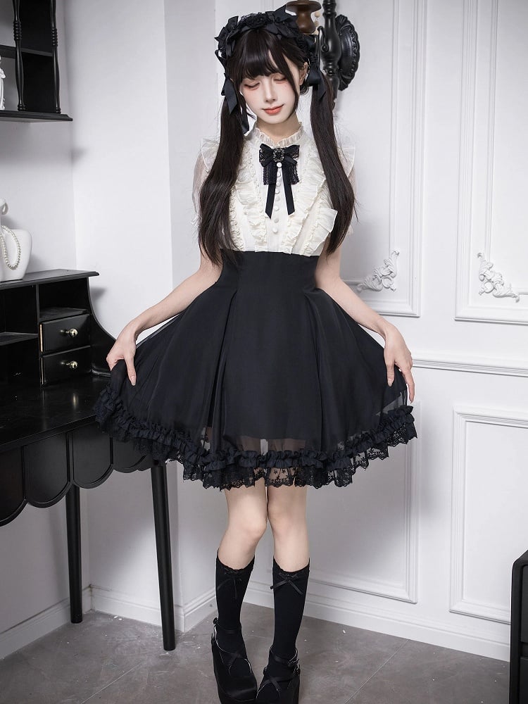 Beige Ruffled Blouse & Black Short Skirt Fake Two Pieces Lolita Dress - With PUJI