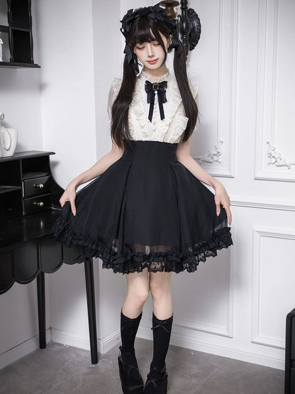 Beige Ruffled Blouse & Black Short Skirt Fake Two Pieces Lolita Dress - With PUJI