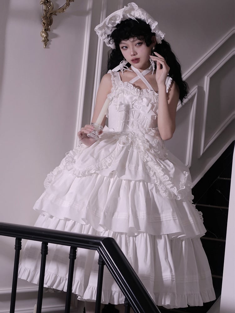 Decoration and Gothic White Heart-shaped Long Dress with Bowknots JSK Lolita Version Ruffled