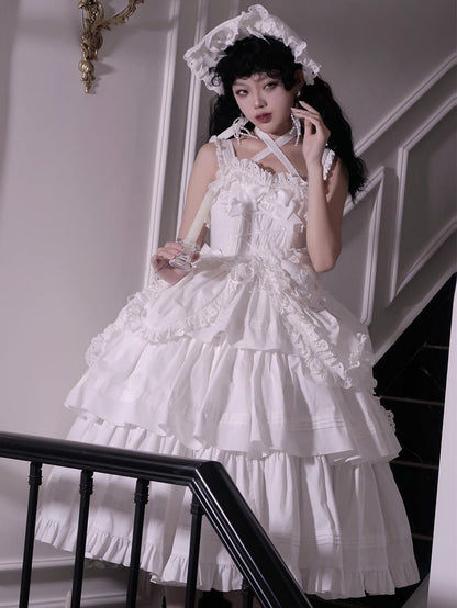 Decoration and Gothic White Heart-shaped Long Dress with Bowknots JSK Lolita Version Ruffled