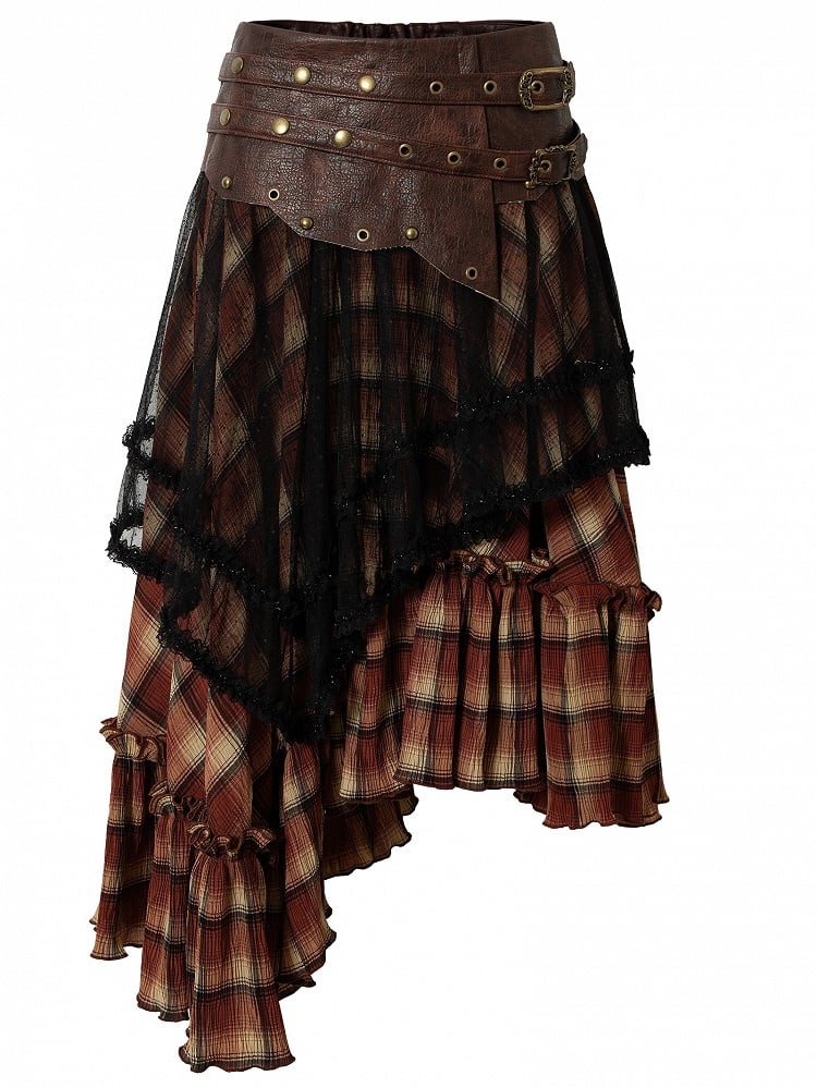 Hem Waistline Wasteland Asymmetrical Studs Punk Skirt BlackRed Plaid PU Print Flounce - NO ROMANCE