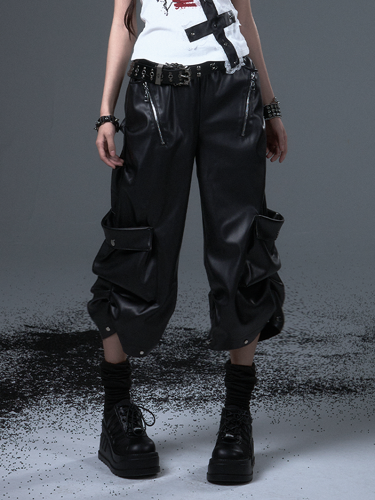 Black Zipper Decorative Mid-length Punk Rock Pants Wide-leg PU -