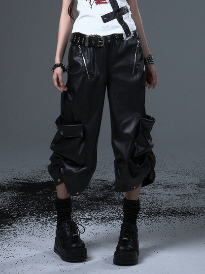 Black Zipper Decorative Mid-length Punk Rock Pants Wide-leg PU -
