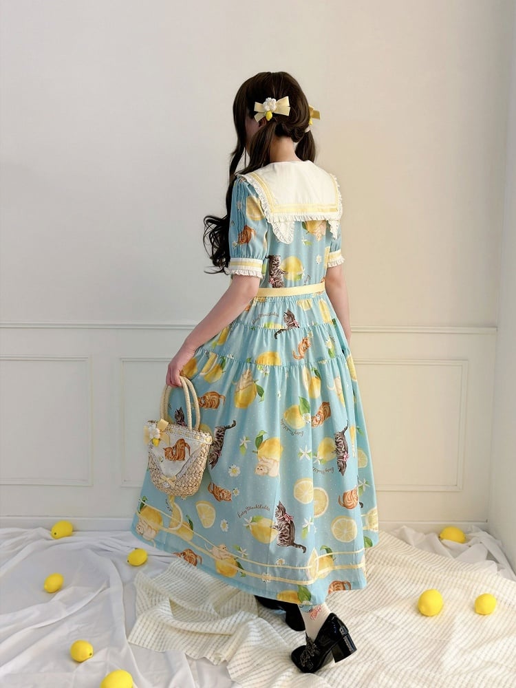 Blue Sailor Collar Floral Print High Waist Dress with Cat Motif - Cutey Mask