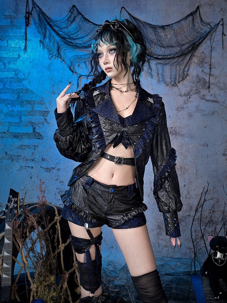 Rock and Bow with PU Punk Waist Shorts Low Y3K Ruffles