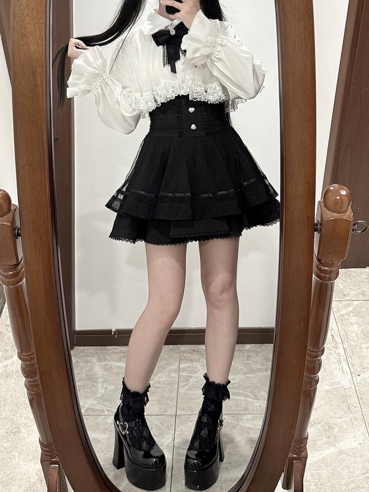 Skirt Kei High-Waist Tiered Heart-Shaped Accents Black Button with Jirai