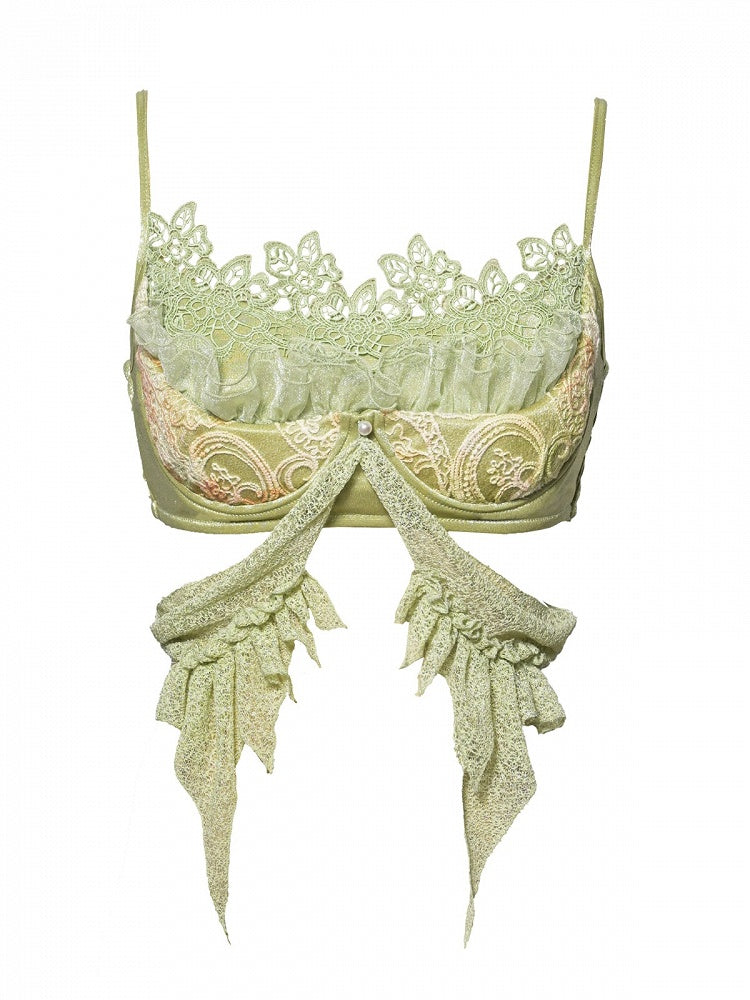 Green & Yellow Summer Fairycore Mori Kei Sleeveless Top with Lace Trim - Virtual Orbit