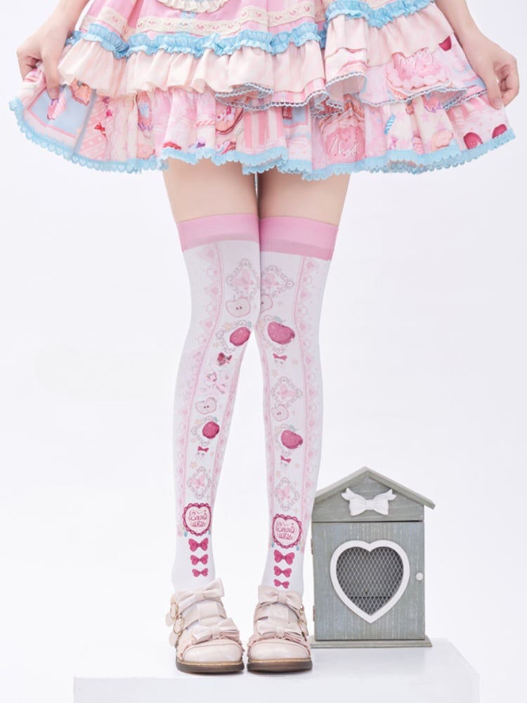 Red Apple and Bow Print Over Knee Stockings
