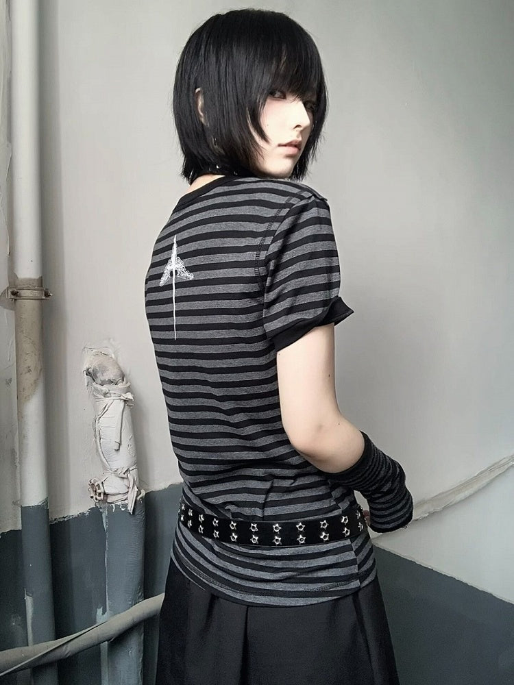 Y2K Striped T-Shirt with Cross and Gothic Letter Details - Alita26SS