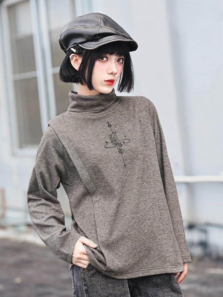 Unicorn Print Brown Turtleneck Long Sleeve Top for Spring Autumn - Quirky Hut