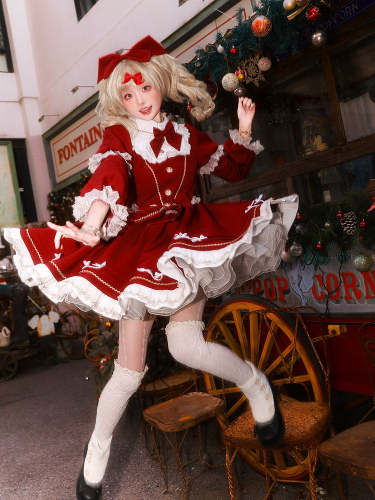New Dress / Hem with Red Christmas Year Sleeves Lolita Pearl-Chain Bow Accents Long