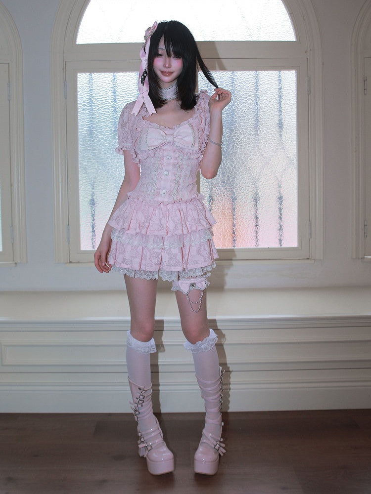 Pink Jacquard Cami Top with Bow and Lace - HBreaker