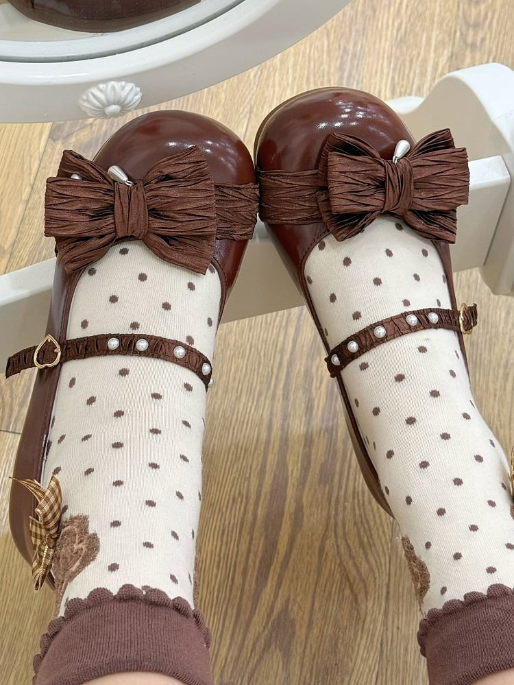 Top Decorated Chocolate Bow Lolita Toe Heart at Round Beaded Shoes Buckle Brown