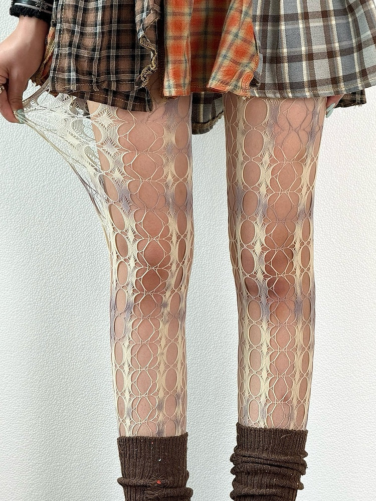 Fashion Hollow-out Tights WhiteGray Details Gyaru Dye Tie