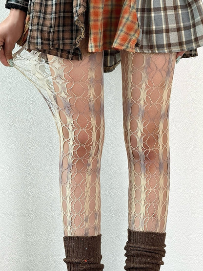 Fashion Hollow-out Tights WhiteGray Details Gyaru Dye Tie