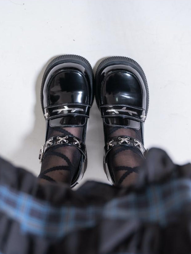 PU Buckle Design Punk Heel Leather Mid Black Shoes Coffin -
