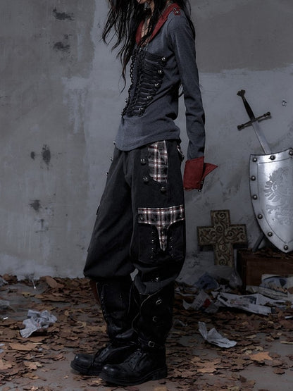 Black Plaid Punk Buttons with Metal Pants Vintage Cargo Patchwork