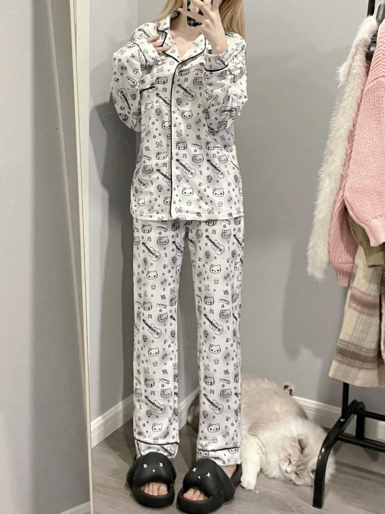 Weißes Pyjama-Set mit Kätzchen- und Gitarren-Print