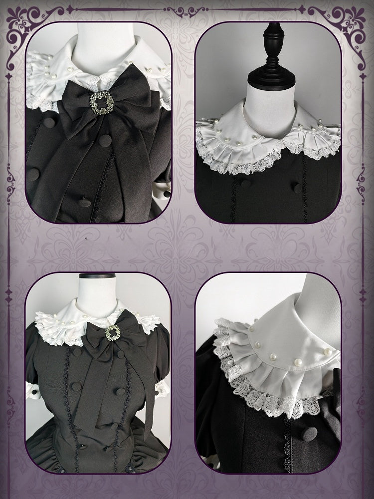 and Asymmetrical Dress Black Lolita Peter Pan White Skirt Tiered Gothic Sleeves Collar Short
