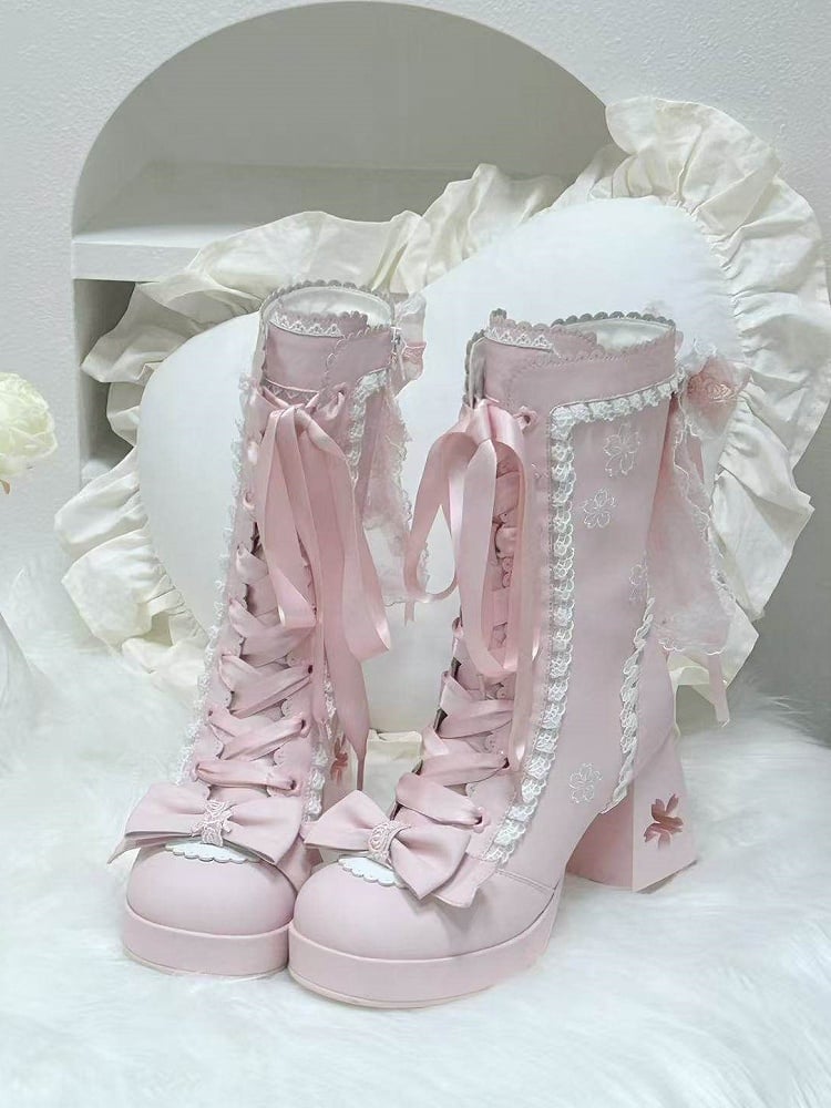 High-heel Embroidery with Lolita Boots Sweet Closure Pink Sakura Dual