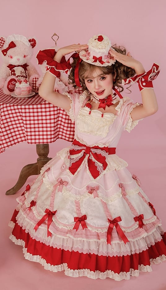Puff Details Dress and Red Pink Lolita Sweet Bowknot Neckline Sleeves Square