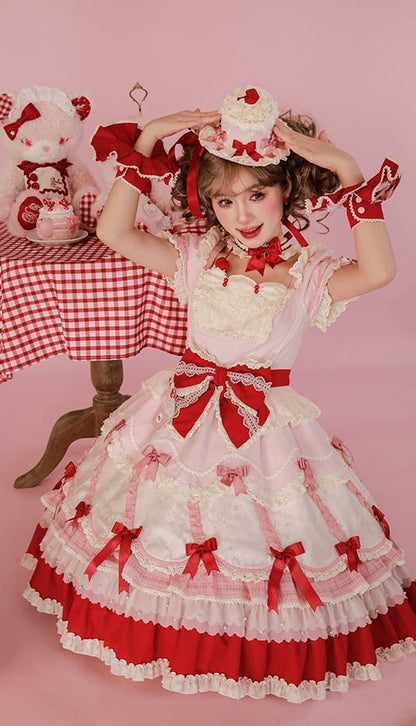 Puff Details Dress and Red Pink Lolita Sweet Bowknot Neckline Sleeves Square