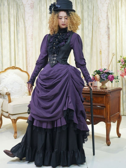 Purple Shirt Black Boned Waistcoat Skirt Set