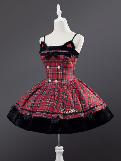 Weihnachten Rote Katzenohren Plüsch Saum Plaid Kleid Lolita Pullover Rock