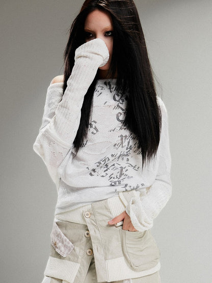White Knit Vintage Print Top Punk with Drop Sleeves Off-Shoulder Totem Shoulder