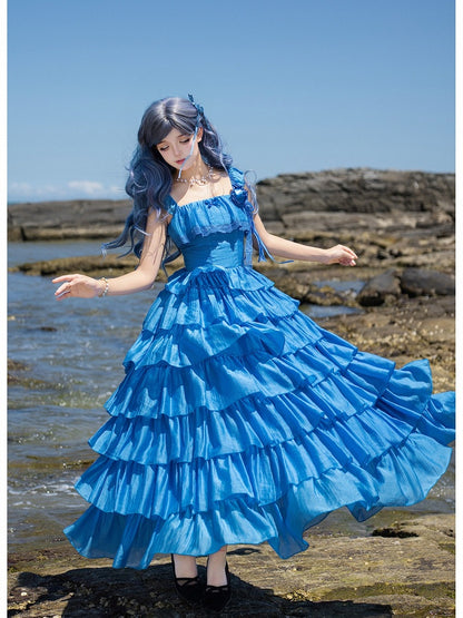 Blue Lolita Dress with Flounced Hem - With PUJI
