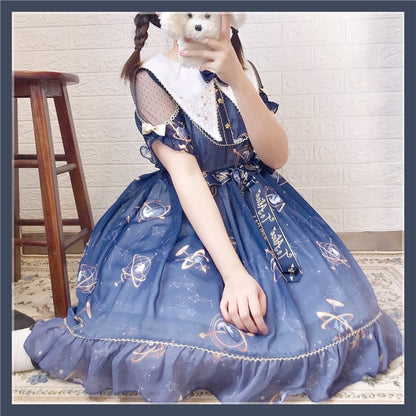Navy Blue Celestial Globe & Starry Bow Accents Flounce Hem Lolita Dress
