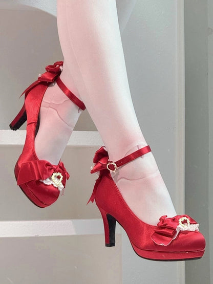 Heeled Bow Top Closure Satin Heart with Mary Trim Red - Lolita Janes Elegant Snap Lace