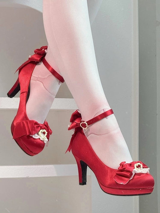 Heeled Bow Top Closure Satin Heart with Mary Trim Red - Lolita Janes Elegant Snap Lace