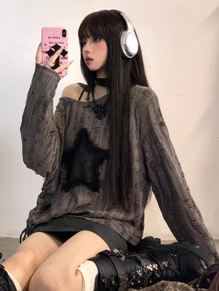 with Hem Distressed Graphic Tie Top Hole Gray Star Off-Shoulder Detail