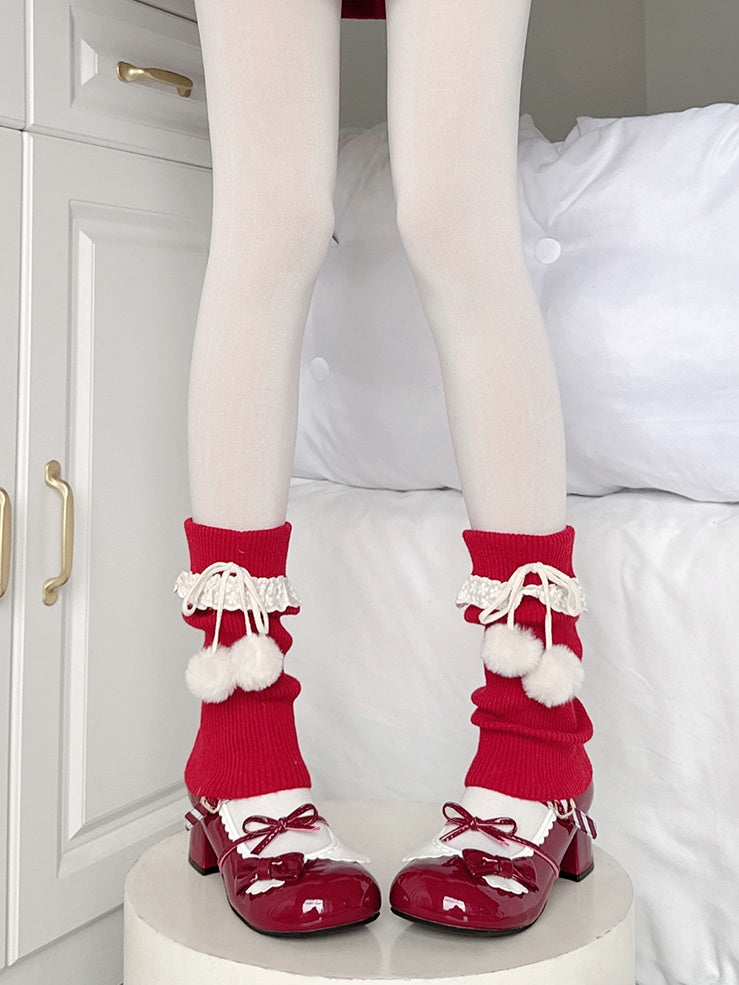 Knitted 20CM Leg Ruffles Pom-pom with Red Warmers White Decorations and