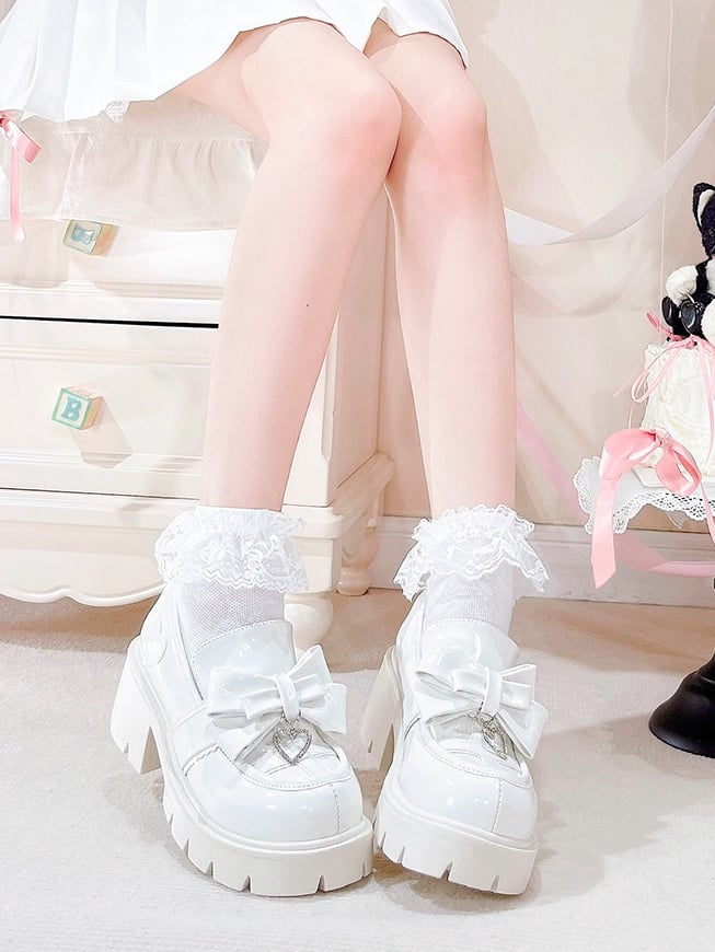 Featuring with White Kei High Bow Block Loafers Polished - Heels Charm PU Jirai Heart Slip-On