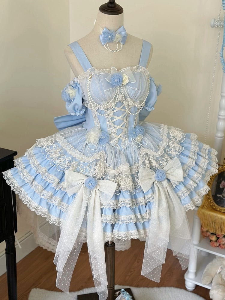 Hanayome Dress Fairy Jumper Tiered Skirt Hem Princess Blue Lolita Flower