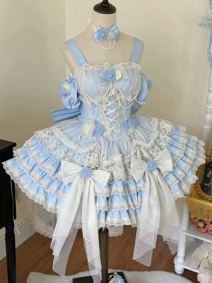 Hanayome Dress Fairy Jumper Tiered Skirt Hem Princess Blue Lolita Flower