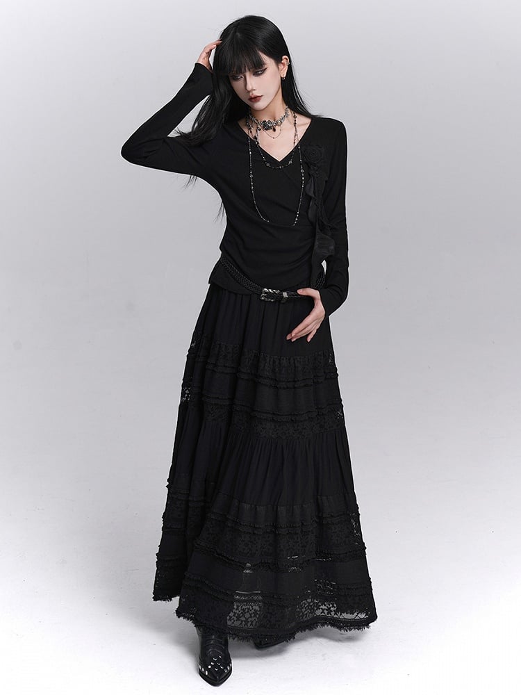 3D with Rose Ruched Top Black Gothic Sleeve Ribbon V-Neck Detail Long