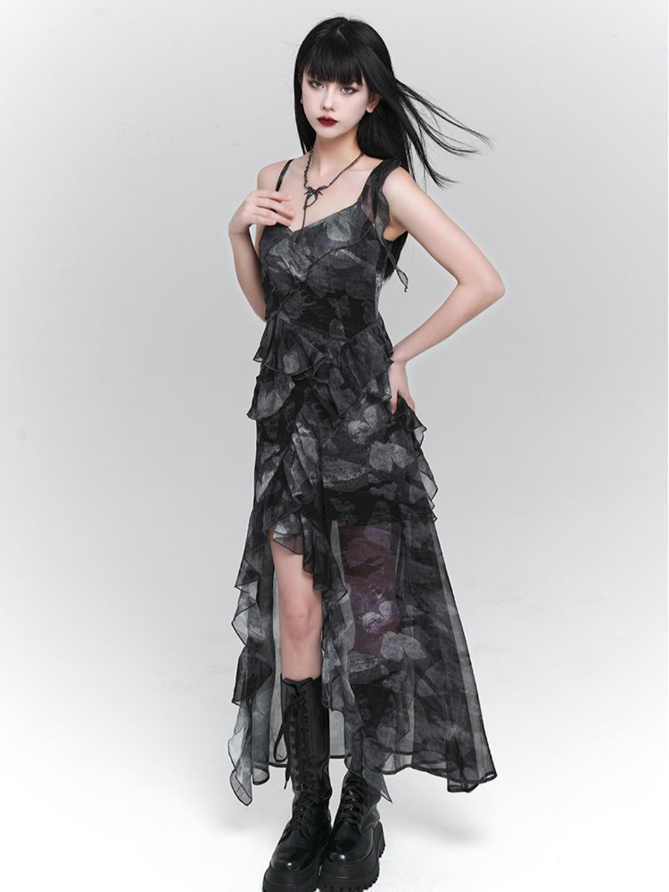 Purple/Dark Gray Butterfly Tie Dye Asymmetrical Flounce Hem Slip Dress