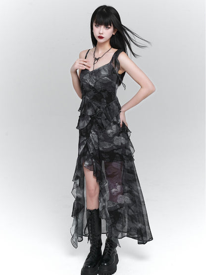 Purple/Dark Gray Butterfly Tie Dye Asymmetrical Flounce Hem Slip Dress