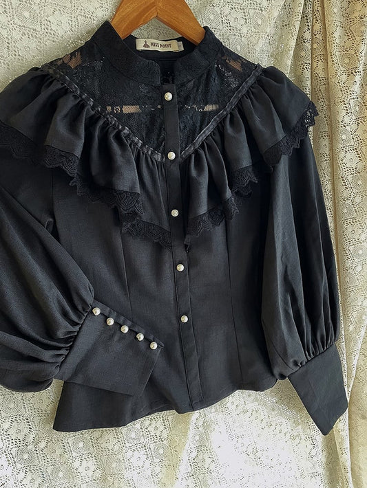Black Edward Neck Lolita Blouse with Bead-Accented Cuffs