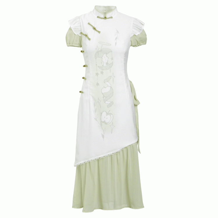 Banded Dress Qipao Collar Apple Print Cheongsam Style Buttons Green Knot