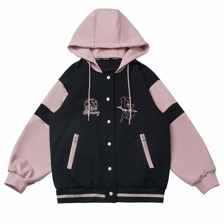 Schwarze und rosa Baseballjacke mit Kapuze, kurze/lange Version